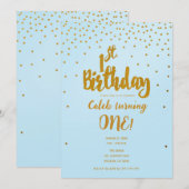1歳の誕生日ライトブルーとゴールドの紙吹雪の招待状 招待状 (正面/裏面)