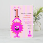 1歳の誕生日リトルホットピンクモンスターおもしろいかわいい女の子 招待状 (スタンド正面)