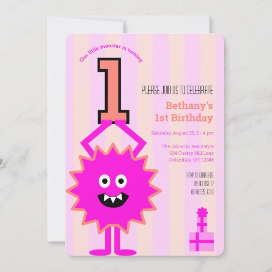 1歳の誕生日リトルホットピンクモンスターおもしろいかわいい女の子 招待状 (正面)