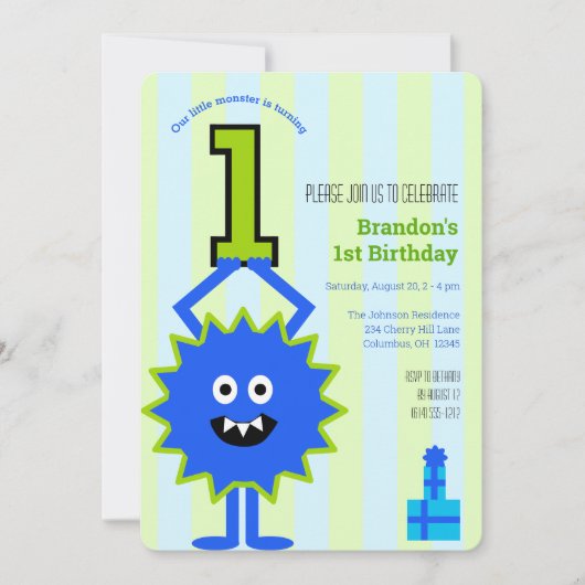 1歳の誕生日リトルモンスターボーイブルーグリーンストライプ 招待状 (正面)