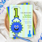 1歳の誕生日リトルモンスターボーイブルーグリーンストライプ 招待状