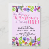 1歳の誕生日リトルワイルドフラワーパープルフローラ女の子 招待状 (正面)