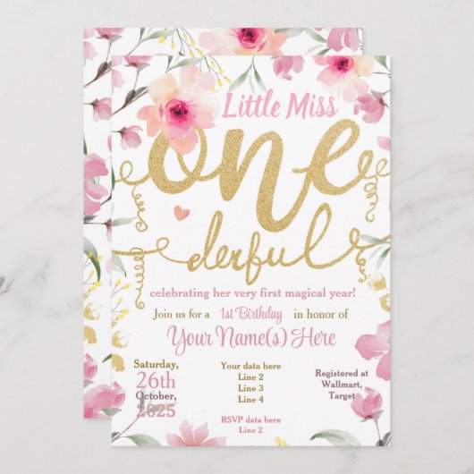 1歳の誕生日リトル恋しく思アダーフルなピンクのフローラ 招待状 (正面/裏面)