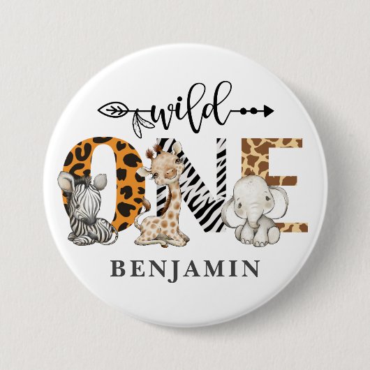 1歳の誕生日ワイルドワンサファリの動物テーマ 缶バッジ (正面)