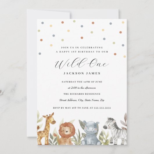 1歳の誕生日ワイルドワンサファリ動物 招待状 (正面)