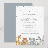 1歳の誕生日ワイルドワンサファリ動物 招待状 (正面/裏面)