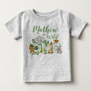 1歳の誕生日ワイルドワンジャングルサファリアニマルズベビー ベビーTシャツ