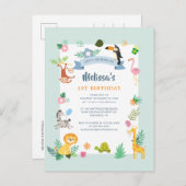 1歳の誕生日ワイルドワンジャングル動物テーマパーティー インビテーションポストカード (正面/裏面)