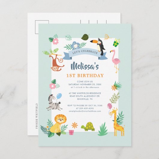 1歳の誕生日ワイルドワンジャングル動物テーマパーティー インビテーションポストカード (正面/裏面)