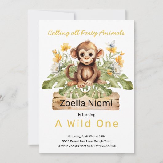 1歳の誕生日ワイルドワンジャングル動物 招待状 (正面)
