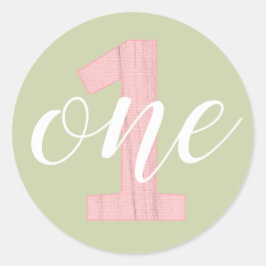 1歳の誕生日ワンセージグリーン&ピンクウッド ラウンドシール