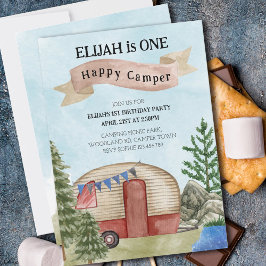 1歳の誕生日ワンハッピーキャンパーヴィンテージキャンプ 招待状