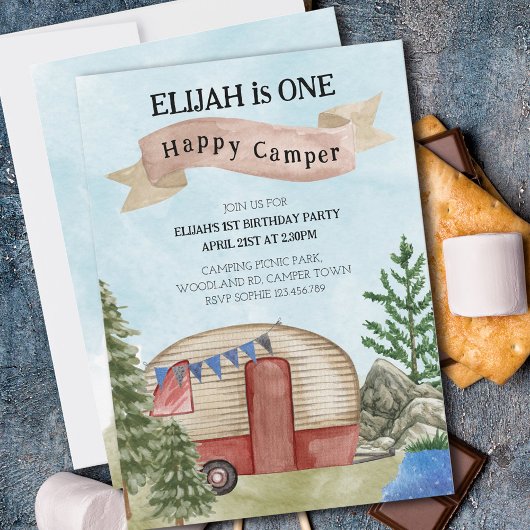 1歳の誕生日ワンハッピーキャンパーヴィンテージキャンプ 招待状