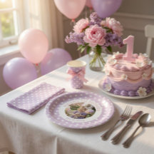 1歳の誕生日写真と紫のドット模様