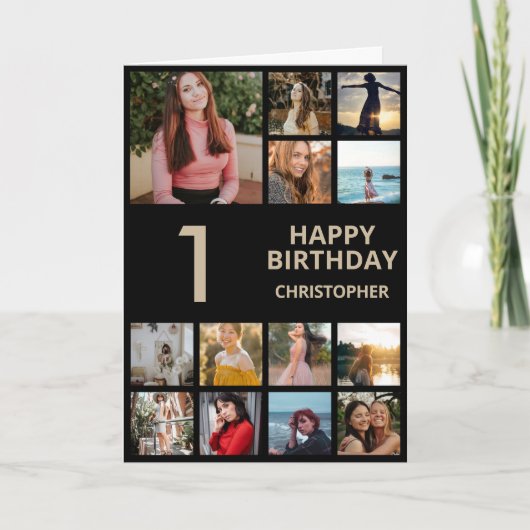 1歳の誕生日写真コラージュ 13枚の写真 ブラック＆ゴールド カード (正面)