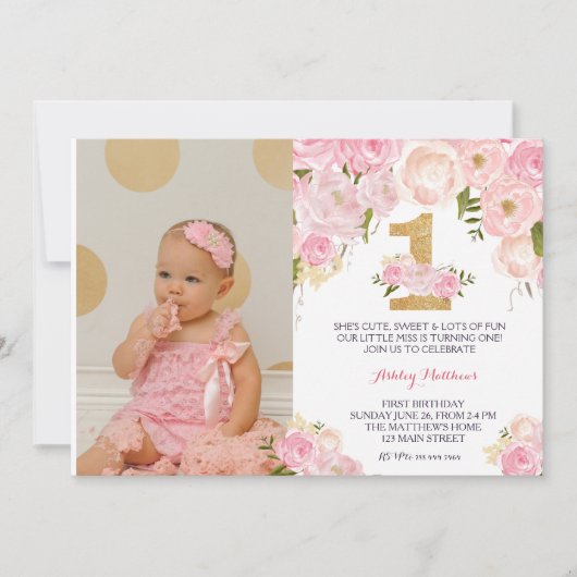 1歳の誕生日初の美しいフローラ招待状 招待状 (正面)