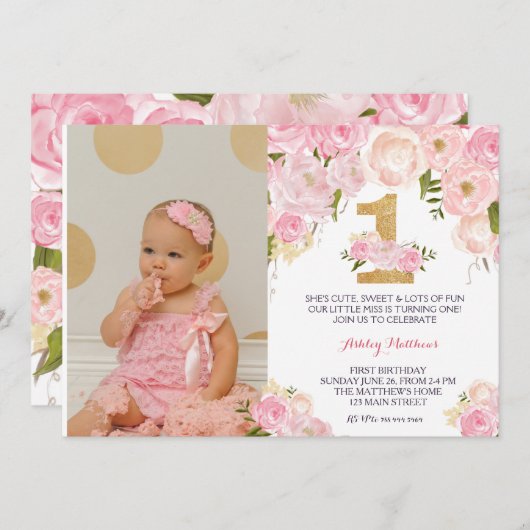 1歳の誕生日初の美しいフローラ招待状 招待状 (正面/裏面)