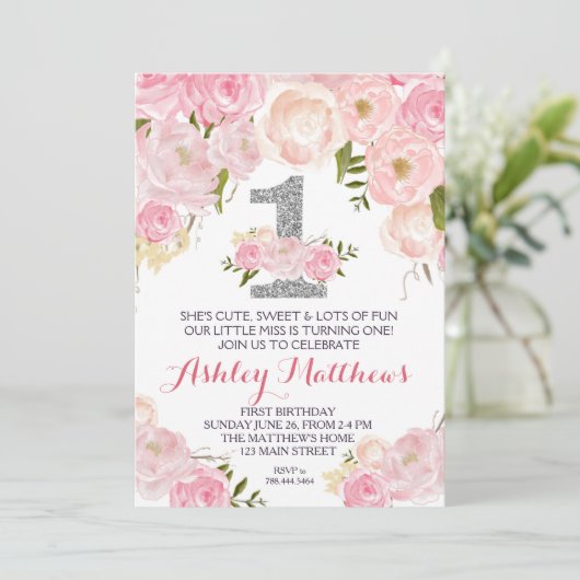 1歳の誕生日初の美しいフローラ招待状 招待状 (スタンド正面)