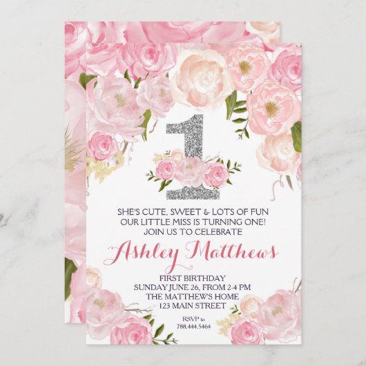 1歳の誕生日初の美しいフローラ招待状 招待状 (正面/裏面)