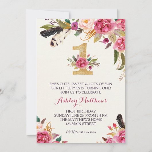 1歳の誕生日初の美しいフローラ招待状 招待状 (正面)
