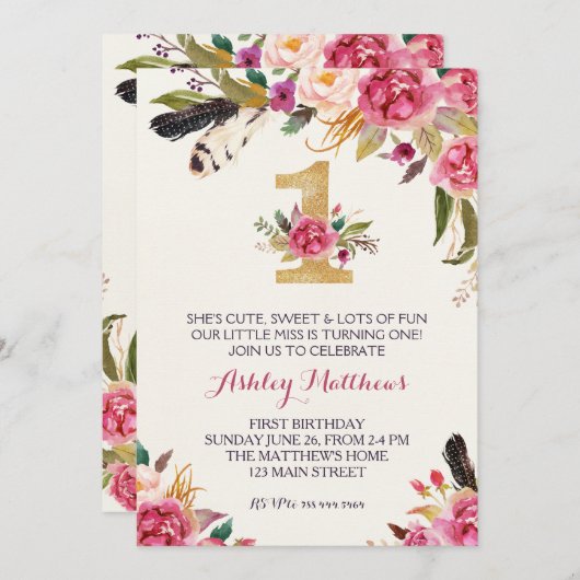 1歳の誕生日初の美しいフローラ招待状 招待状 (正面/裏面)
