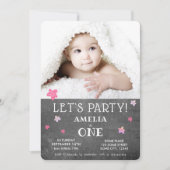 1歳の誕生日招待状かわいいチョークボードピンクの星 招待状 (正面)