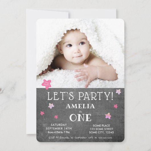1歳の誕生日招待状かわいいチョークボードピンクの星 招待状 (正面)