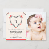 1歳の誕生日招待状のフローラハート 招待状 (正面)