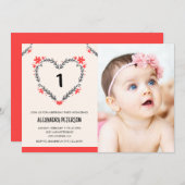 1歳の誕生日招待状のフローラハート 招待状 (正面/裏面)