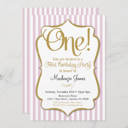 1歳の誕生日招待状ガールズファーストピンク金ゴールド 招待状 (正面/裏面)