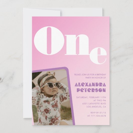 1歳の誕生日招待状ガールピンクのグラデーション写真 招待状 (正面)