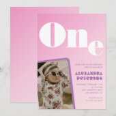 1歳の誕生日招待状ガールピンクのグラデーション写真 招待状 (正面/裏面)