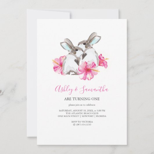 1歳の誕生日招待状ツインズガールピンクウッドランド 招待状 (正面)