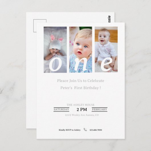 1歳の誕生日招待状フォトボーイ、パーティー招待 ポストカード (正面/裏面)