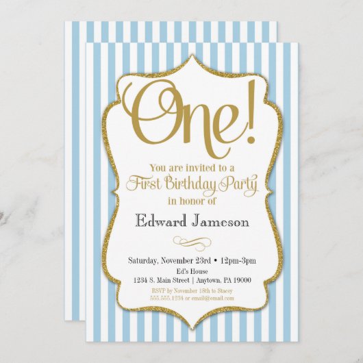 1歳の誕生日招待状ボーイズ最初の青金ゴールド 招待状 (正面/裏面)