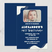 1歳の誕生日招待状ボーイ写真シンプルネイビー 招待状 (正面/裏面)