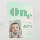 1歳の誕生日招待状少年の緑のグラデーション写真 招待状 (正面/裏面)