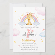 1歳の誕生日招待状 – かわいいキリンと虹