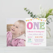 1歳の誕生日招待状。ガールファースト誕生日写真 招待状 (スタンド正面)
