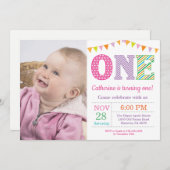 1歳の誕生日招待状。ガールファースト誕生日写真 招待状 (正面/裏面)