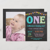 1歳の誕生日招待状。ガールファースト誕生日写真 招待状 (正面/裏面)