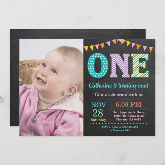 1歳の誕生日招待状。ガールファースト誕生日写真 招待状 (正面/裏面)