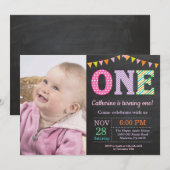 1歳の誕生日招待状。ガールファースト誕生日写真 招待状 (正面/裏面)