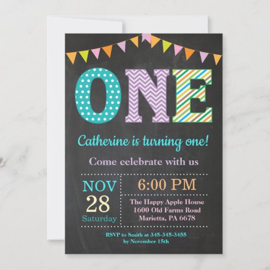 1歳の誕生日招待状。ガールファースト誕生日 招待状 (正面)