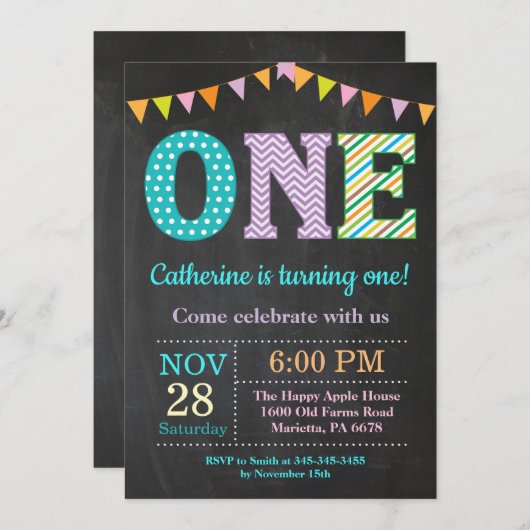 1歳の誕生日招待状。ガールファースト誕生日 招待状 (正面/裏面)