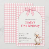 1歳の誕生日招待状 ギンガムチェックのアヒルのテーマ カード (正面/裏面)