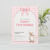 1歳の誕生日招待状 ギンガムチェックのアヒルのテーマ カード (スタンド正面)