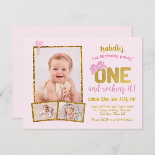 1歳の誕生日招待状、ピンクの女の子の最初の誕生日 招待状 (正面/裏面)