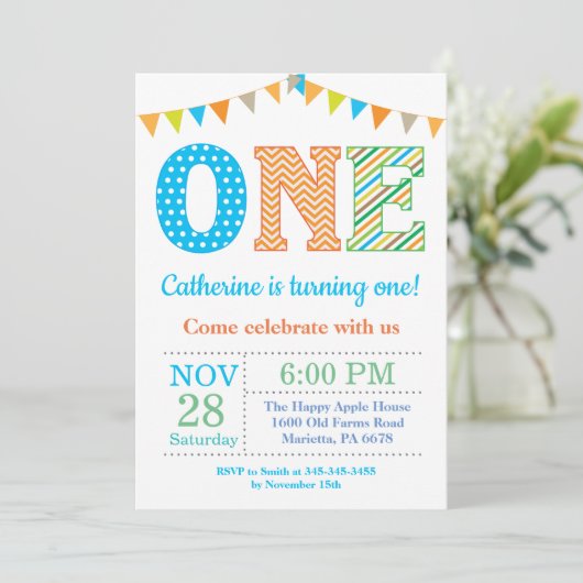 1歳の誕生日招待状。ボーイファースト誕生日 招待状 (スタンド正面)