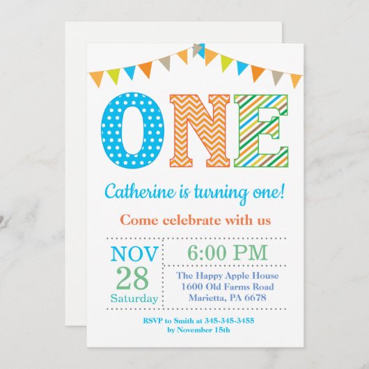 1歳の誕生日招待状。ボーイファースト誕生日 招待状 (正面/裏面)